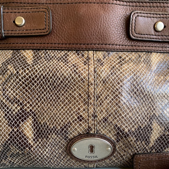 NWOT Fossil Snakeskin Brown Leather Satchel Purse - Picture 2 of 10